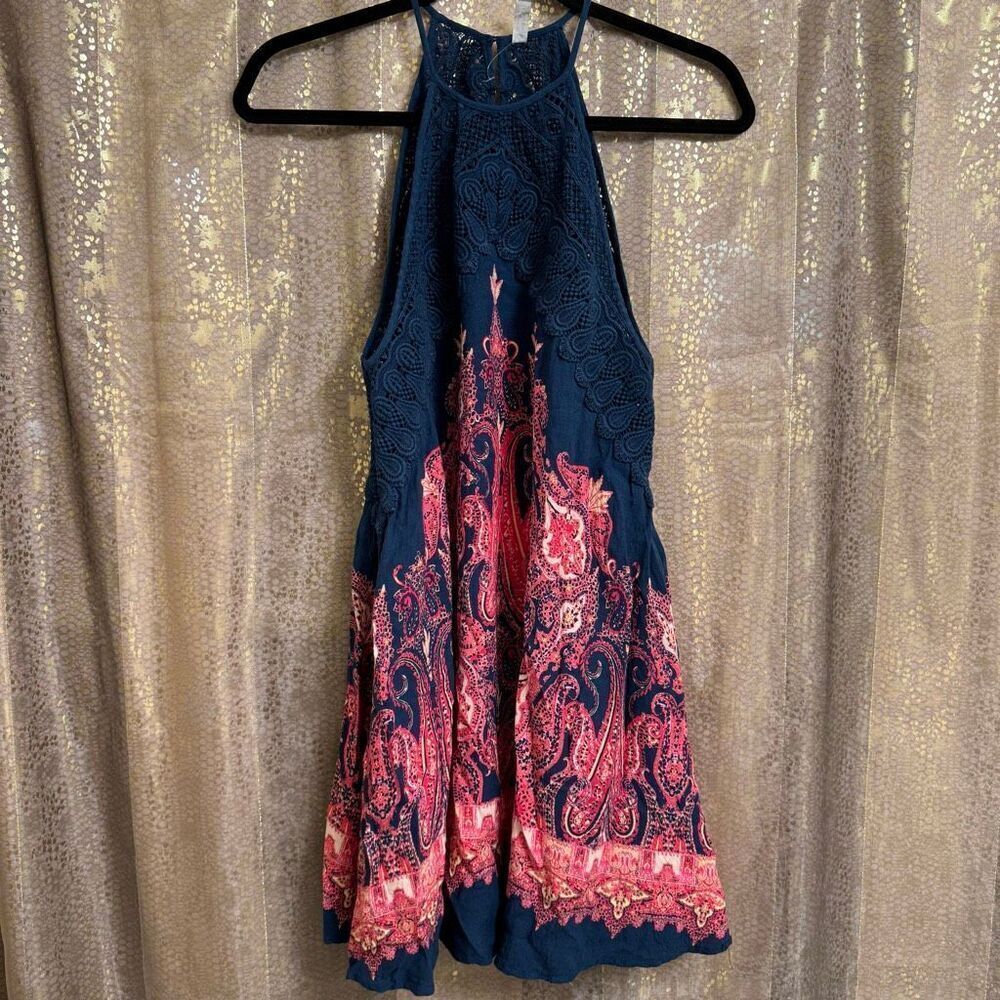 Free People Shea Paisley Printed Navy Blue Pink A-Line Mini Dress XS